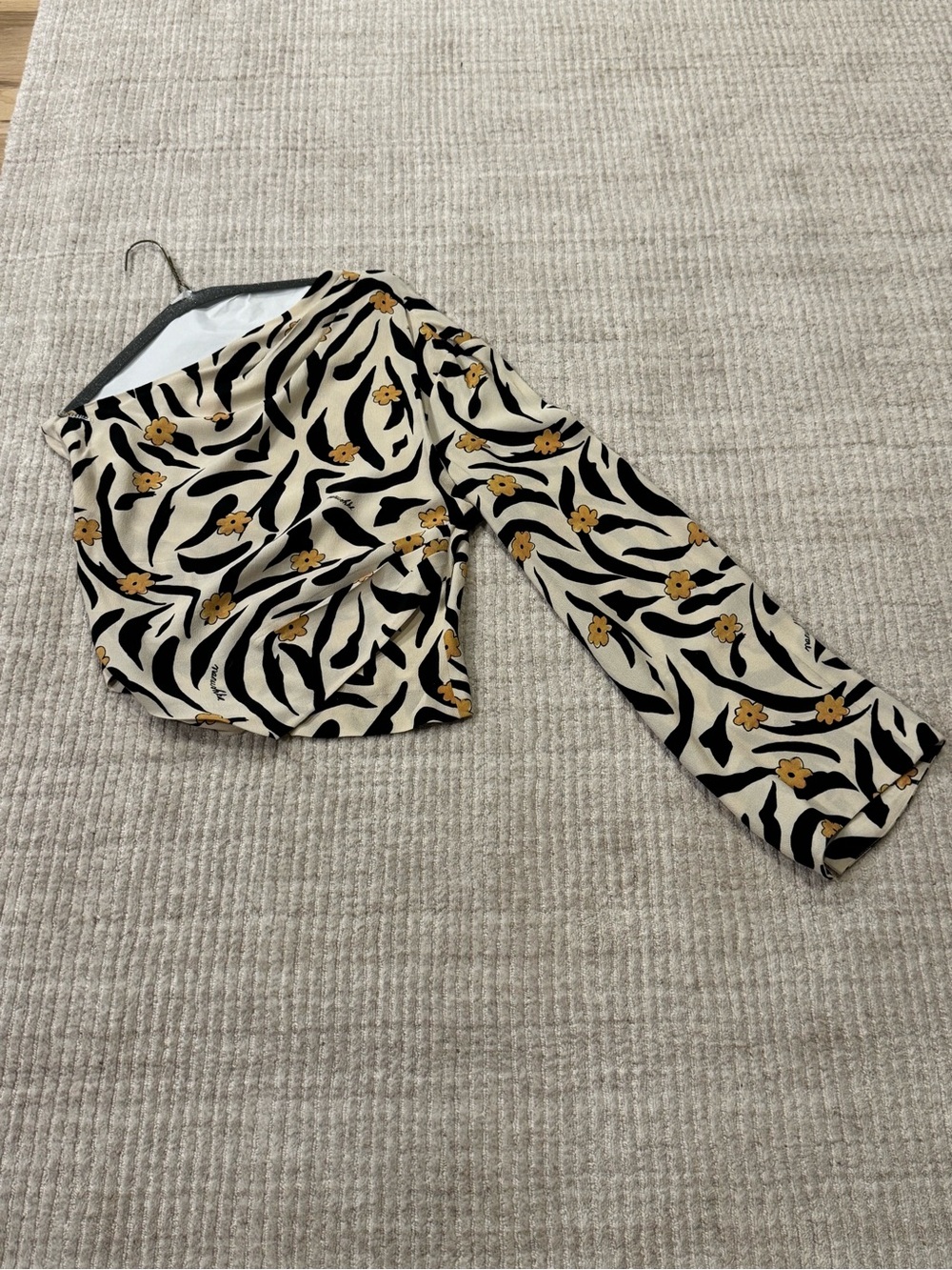 Nanushka Cream Floral & Black Wave One-Shoulder Top